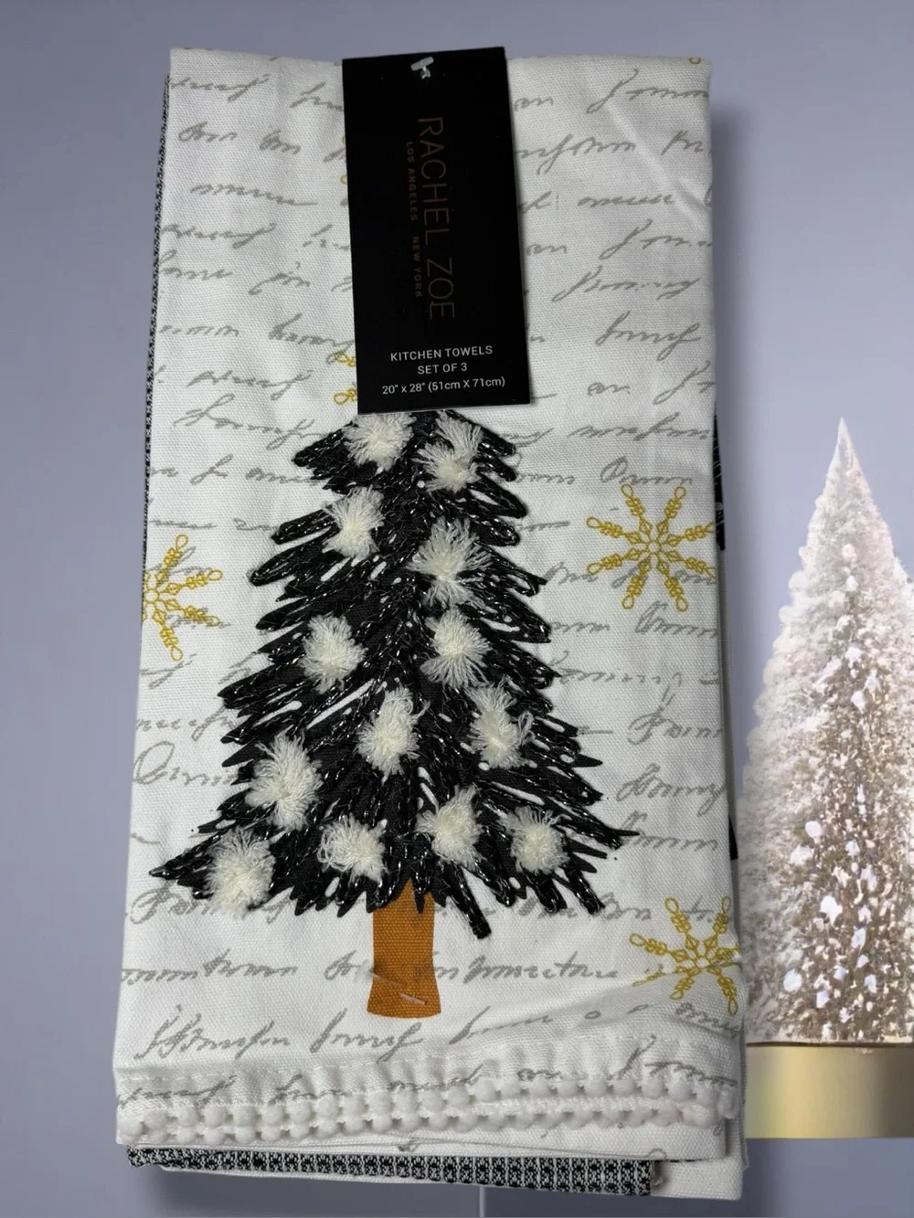 Rachel Zoe White Black Gold Embroidered Holiday Tree Towel Set of 3